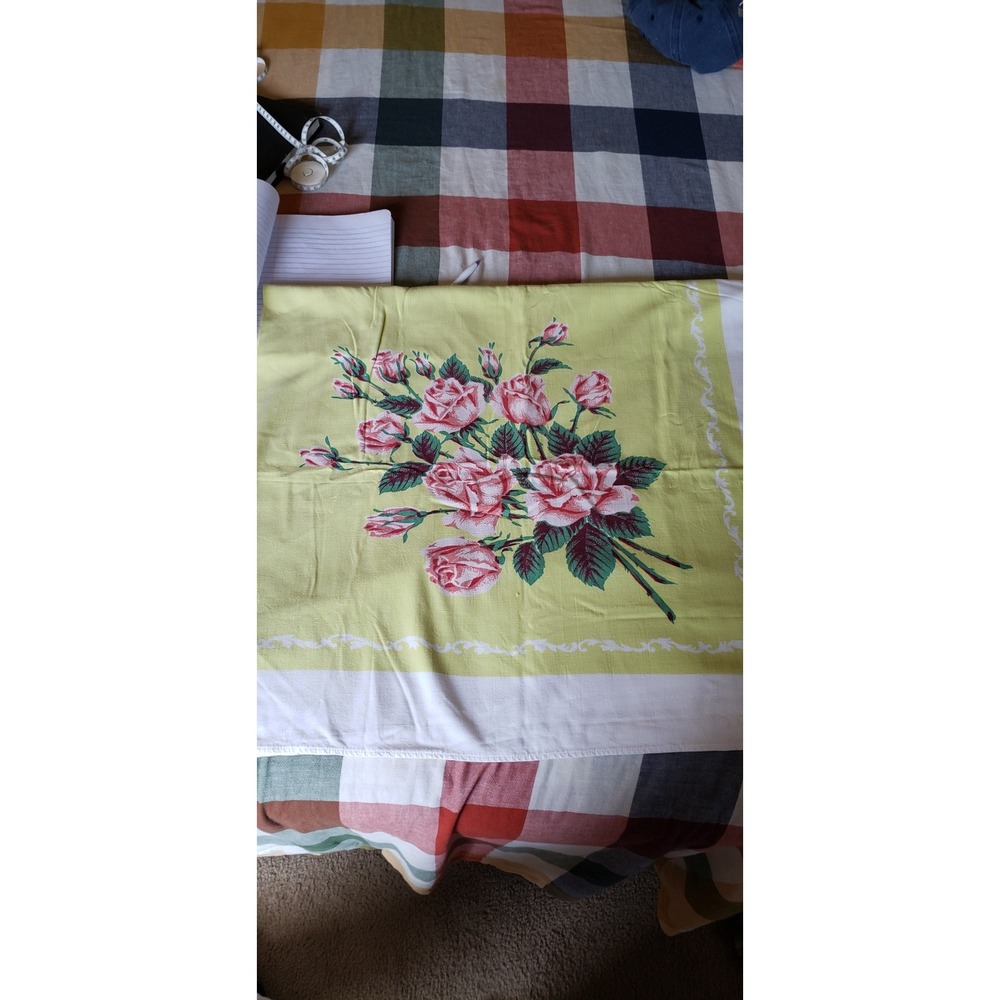 Vintage‎ Pink Rose Floral Linen Napkin Yellow White Border Cottagecore 16x16